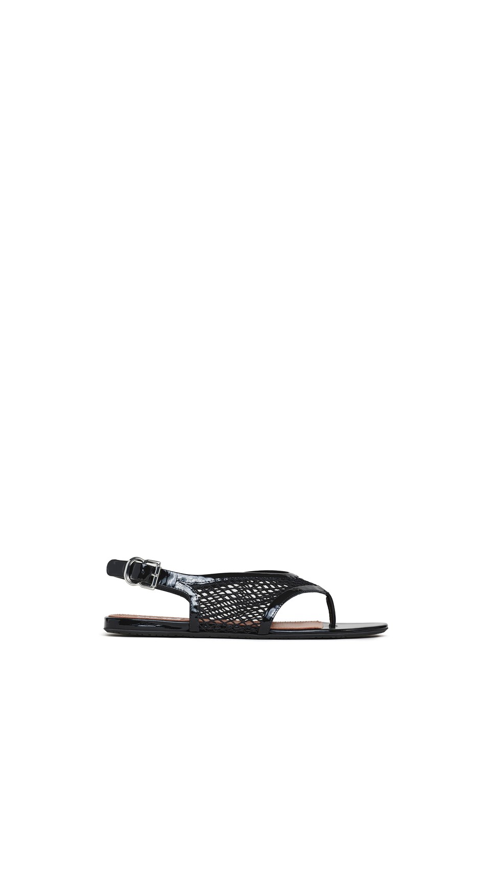 ALA&Iuml;A FISHNET THONG SANDALS IN PATENT CALFSKIN BLACK