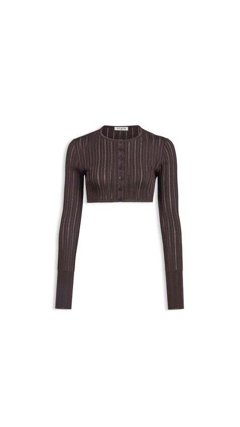 ALA&Iuml;A SHINY CRINOLINE CROPPED CARDIGAN PLUM