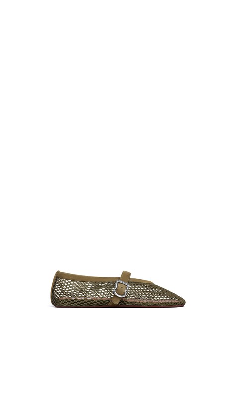 ALA&Iuml;A BALLET FLATS IN FISHNET AND SUEDE KAKI