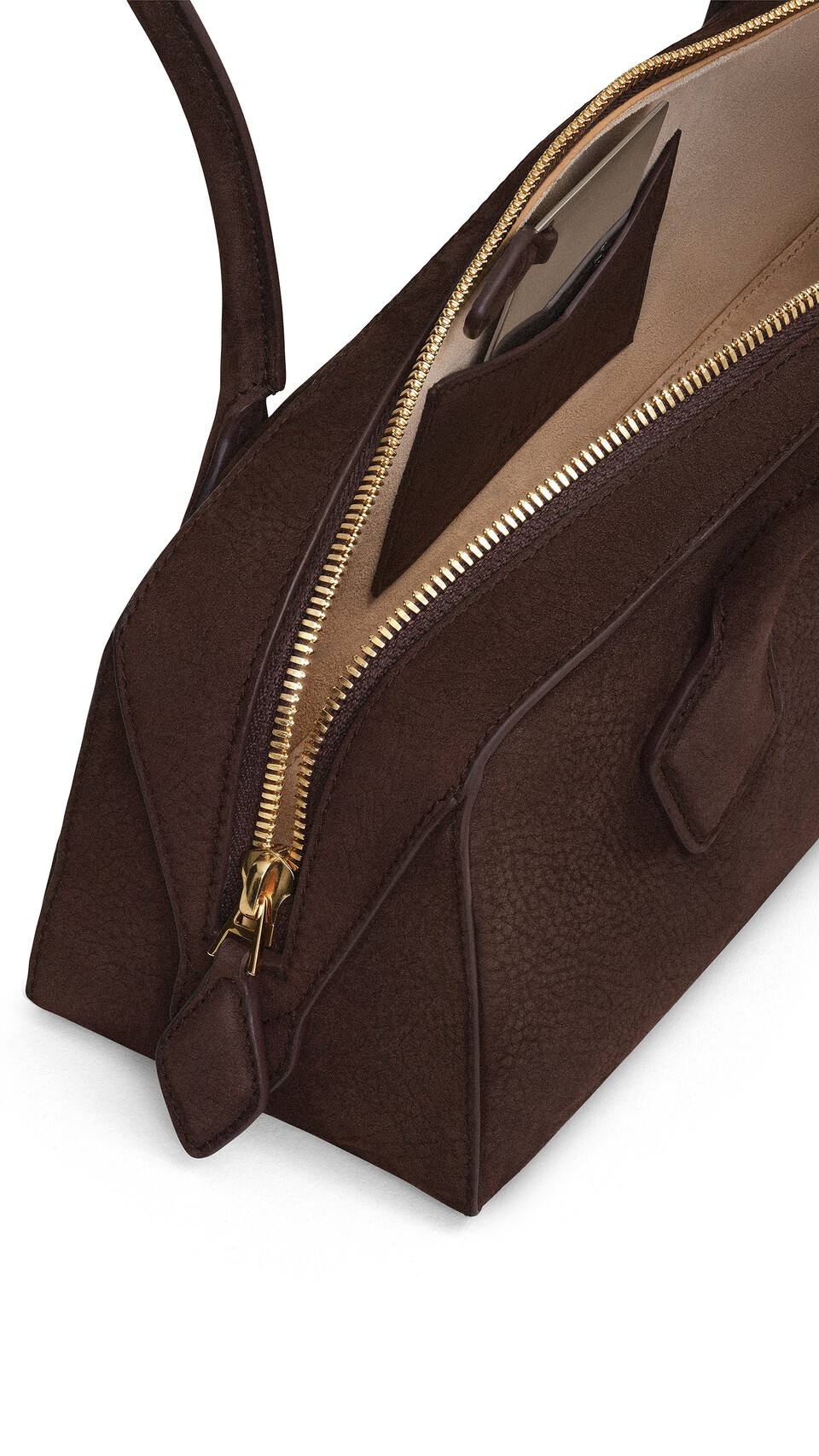 ALA&Iuml;A LE TECKEL MEDIUM BAG IN NUBUCK BROWN/GOLD - View 3