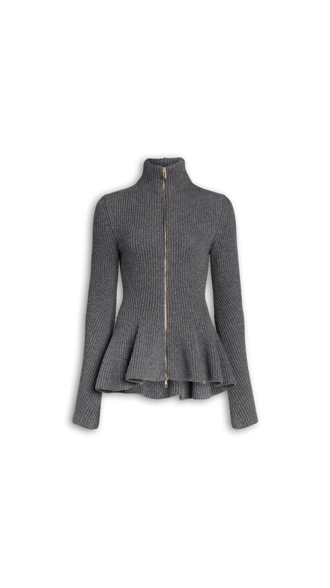 ALA&Iuml;A PEPLUM KNITTED CARDIGAN DARK GREY