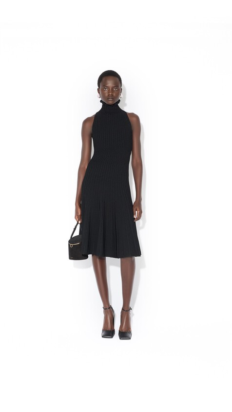 RIBBED KNIT CURLED HIGH NECK DRESS