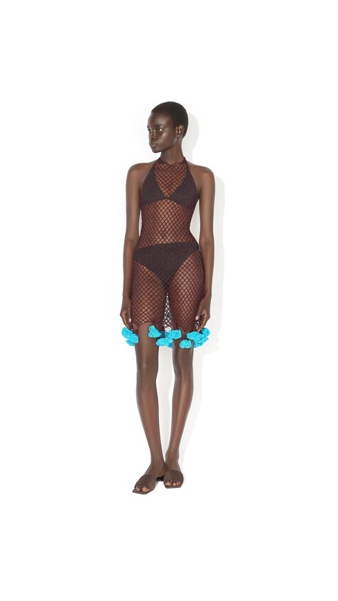ALA&Iuml;A FLORAL CROCHET DRESS BURGUNDY/BLUE - View 2