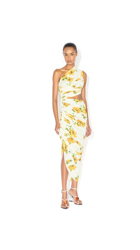 ALA&Iuml;A PRINTED CUTOUT DRESS WHITE/YELLOW - View 2