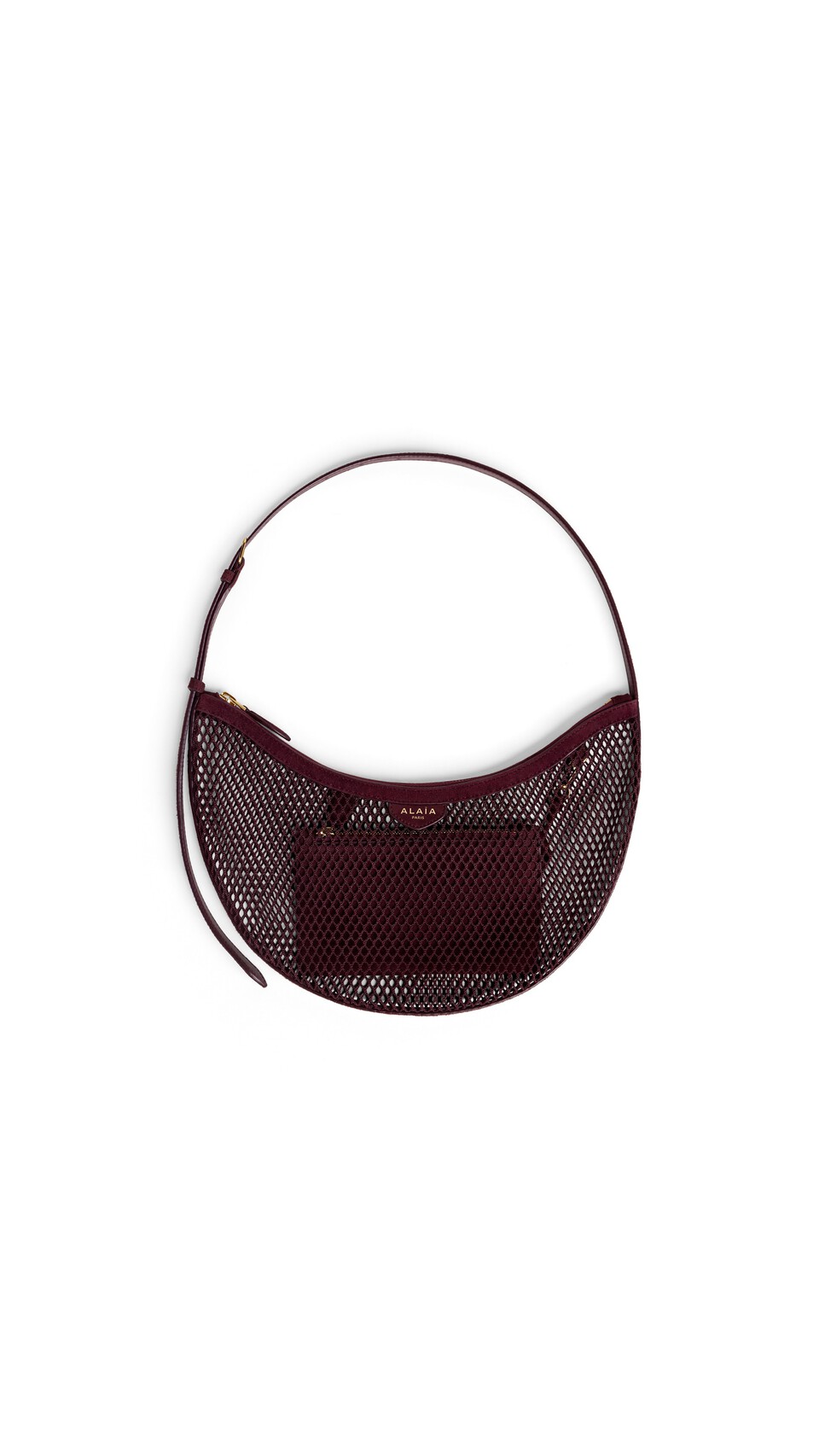 ALA&Iuml;A ONE PIECE DEMI LUNE BAG IN FISHNET AND SUEDE GARNET RED