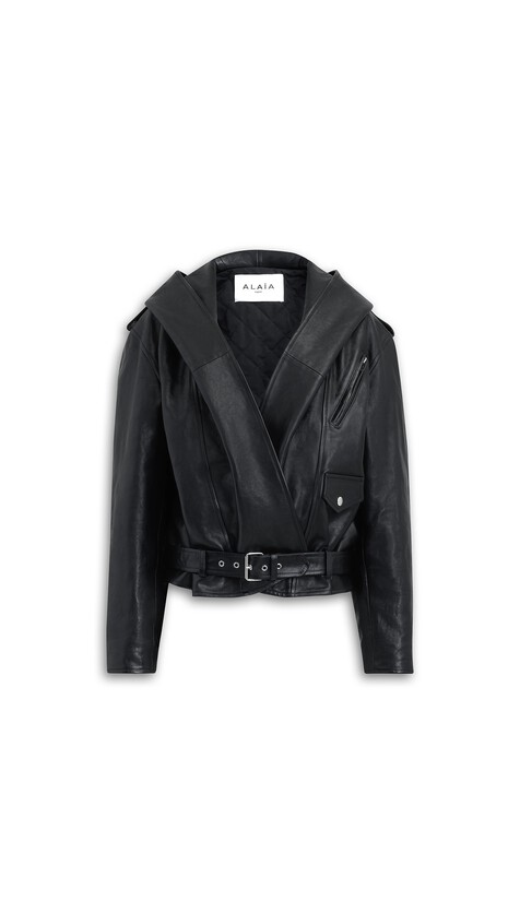 ALA&Iuml;A LEATHER HOODED BIKER JACKET BLACK
