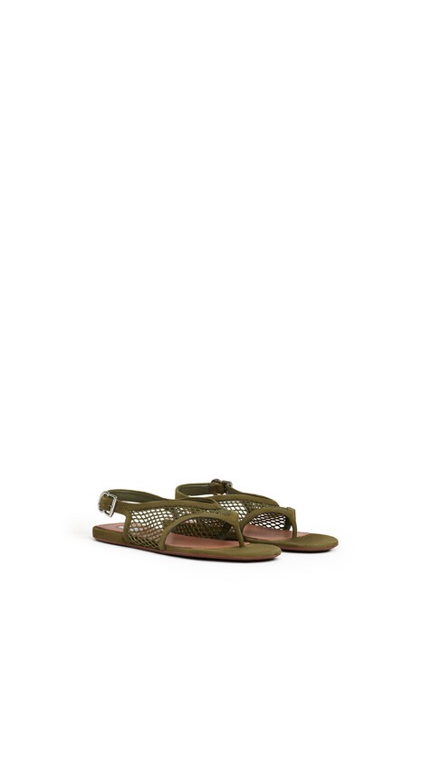 ALA&Iuml;A FISHNET THONG SANDALS IN SUEDE KAKI - View 2