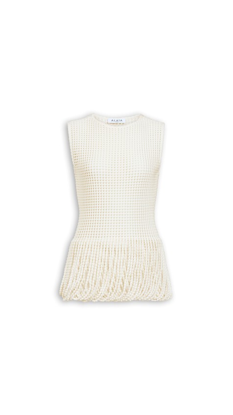 ALA&Iuml;A BEAD KNIT PEPLUM TOP NATURAL WHITE