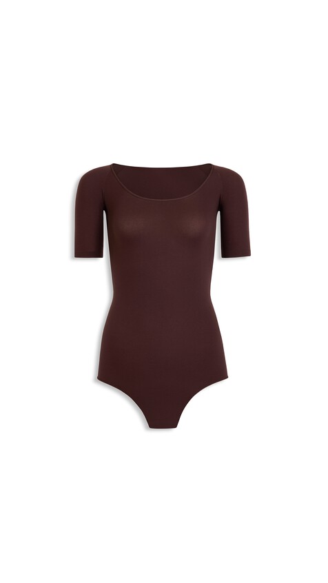 ALA&Iuml;A SHORT SLEEVES SECOND-SKIN KNIT BODYSUIT CHOCOLATE