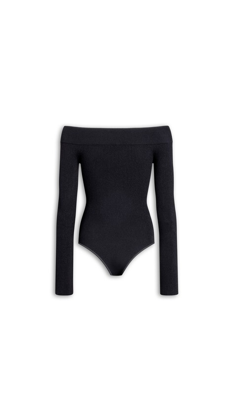 ALA&Iuml;A SCULPTING RIB KNIT OFF-SHOULDER BODYSUIT BLACK - View 2