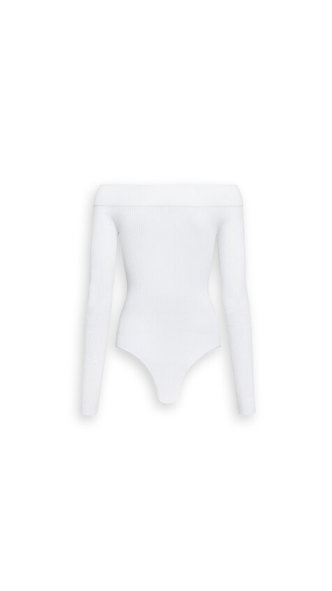 ALA&Iuml;A SCULPTING RIB KNIT OFF-SHOULDER BODYSUIT WHITE - View 2