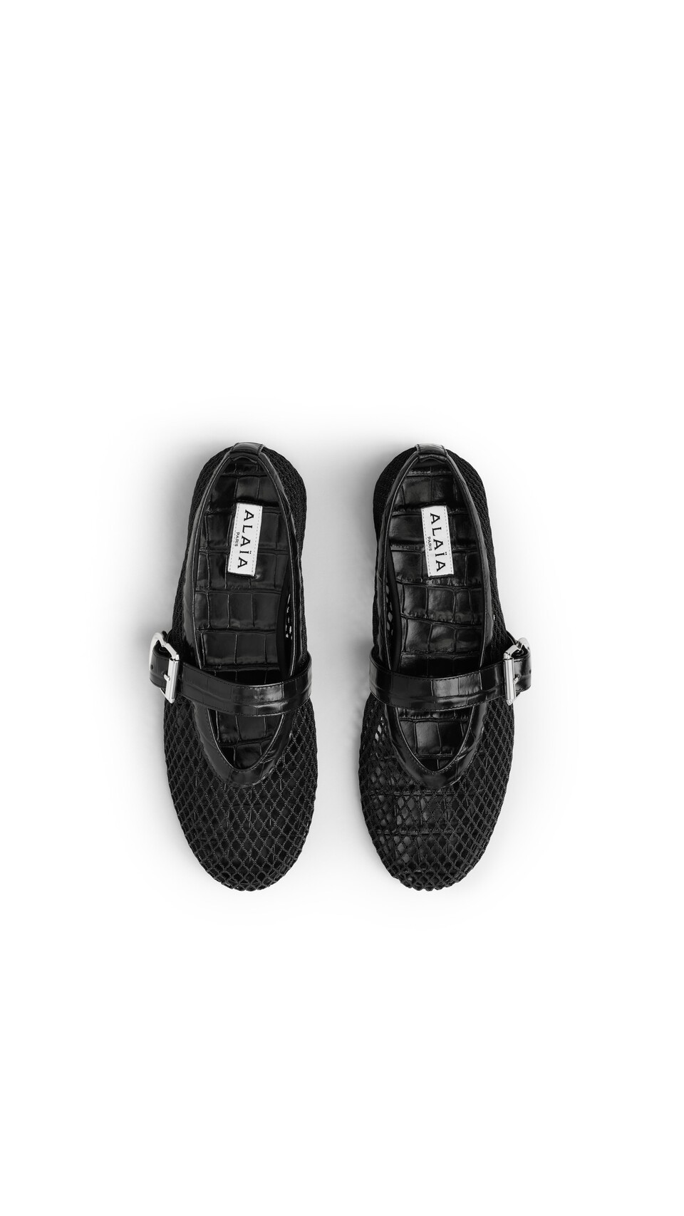 ALA&Iuml;A BALLET FLATS IN FISHNET AND CROCODILE EMBOSSED CALFSKIN BLACK - View 4