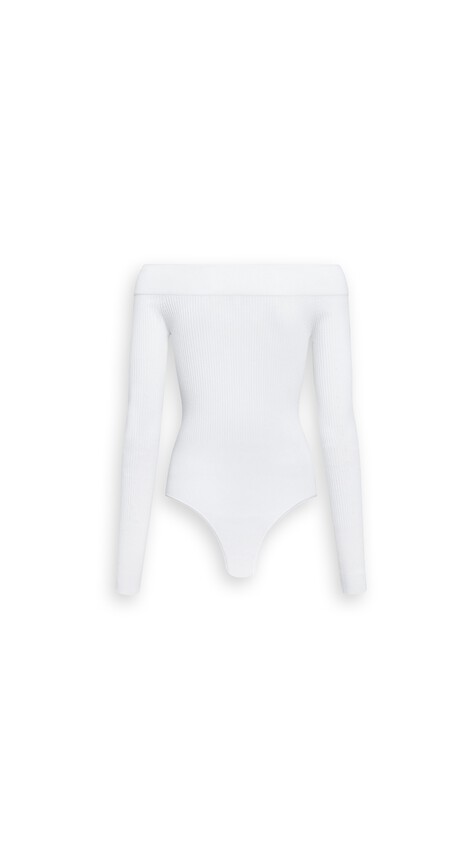 ALA&Iuml;A SCULPTING RIB KNIT OFF-SHOULDER BODYSUIT WHITE - View 2