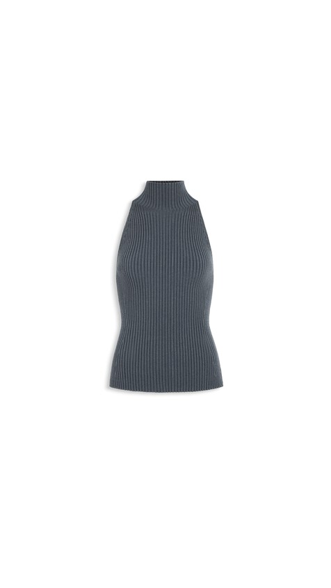 ALA&Iuml;A RIBBED HALTER NECK TOP BLUE GREY