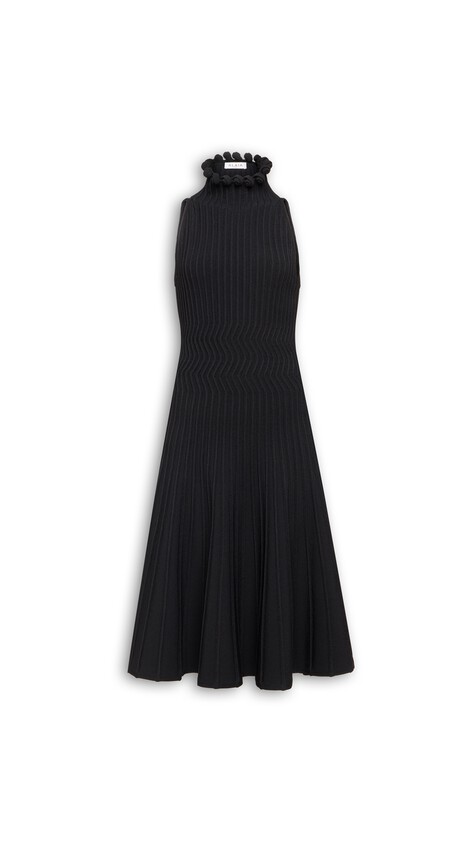 RIBBED KNIT CURLED HIGH NECK DRESS