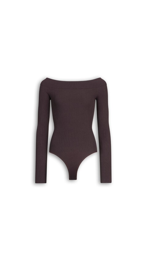 ALA&Iuml;A KNIT OFF-SHOULDER BODYSUIT EGGPLANT
