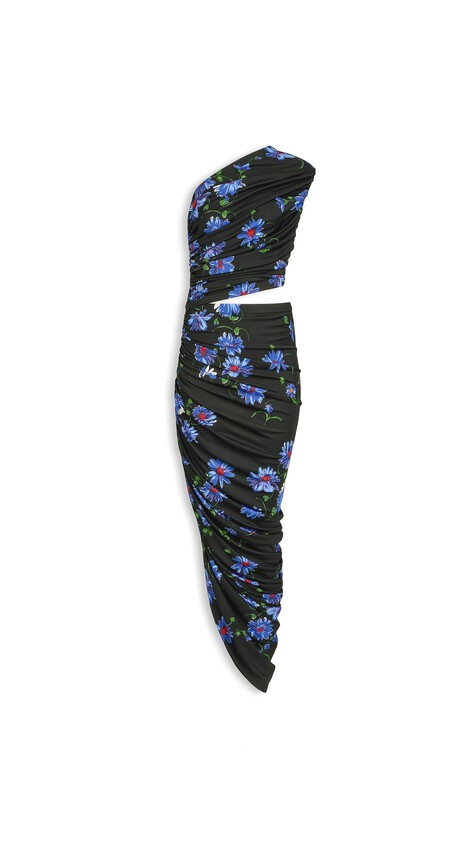 ALA&Iuml;A PRINTED CUTOUT DRESS BLACK/BLUE