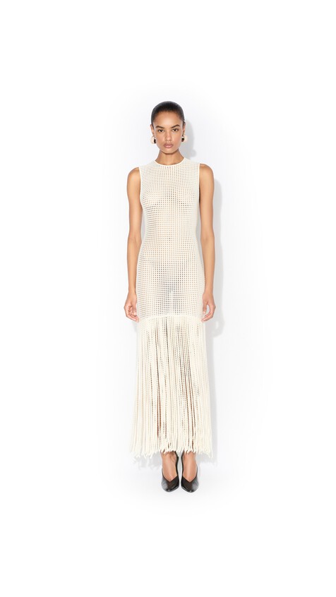 ALA&Iuml;A FRINGED BEADED KNIT DRESS NATURAL WHITE - View 2