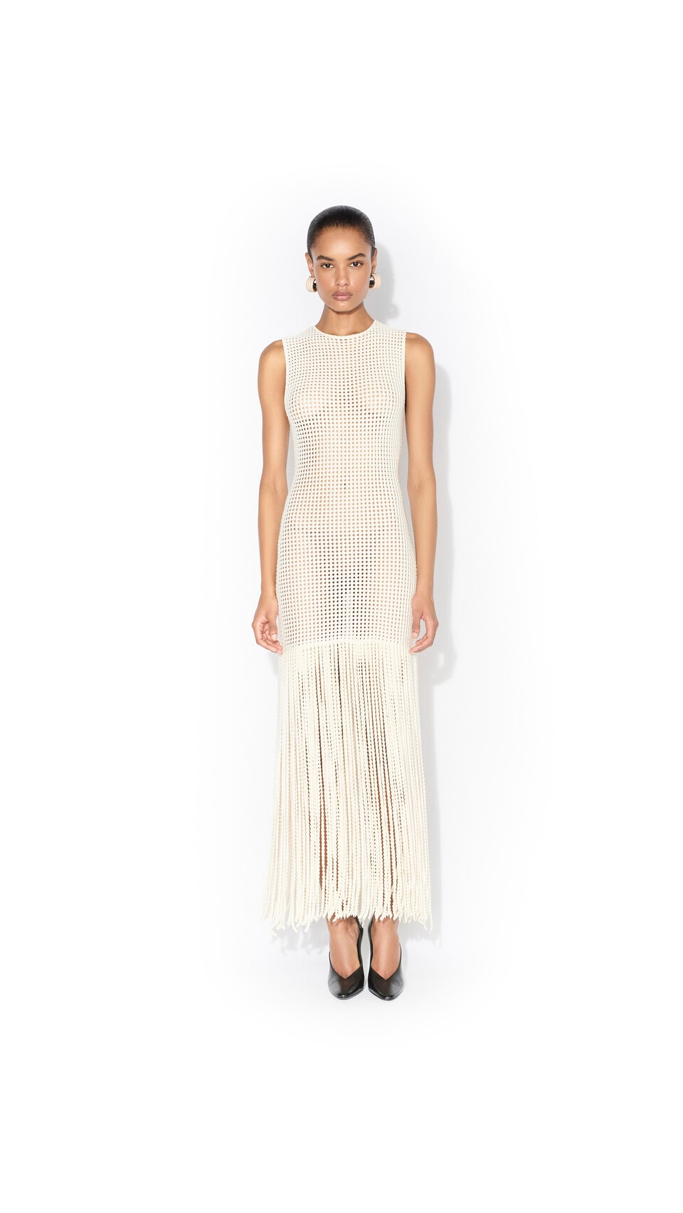ALA&Iuml;A FRINGED BEADED KNIT DRESS NATURAL WHITE - View 2