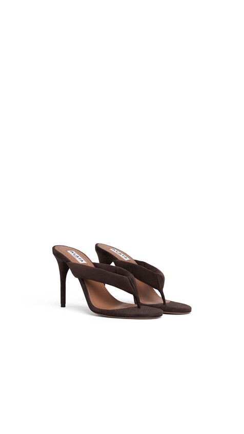 ALA&Iuml;A HEEL THONG MULES IN SUEDE DARK BROWN - View 2