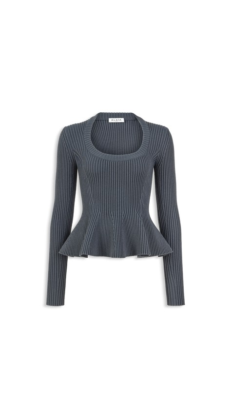 ALA&Iuml;A RIBBED PEPLUM TOP BLUE GREY