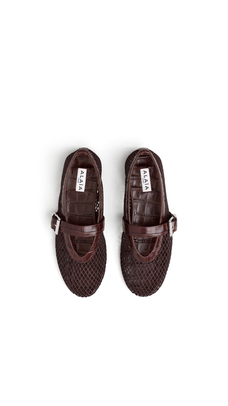 ALA&Iuml;A BALLET FLATS IN FISHNET AND CROCODILE EMBOSSED CALFSKIN DARK BROWN - View 4