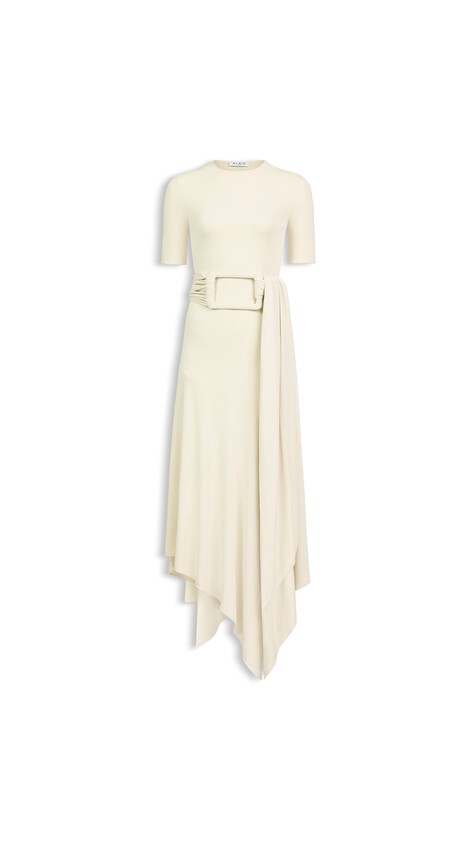 ALA&Iuml;A BELTED JERSEY DRESS CREAMY WHITE