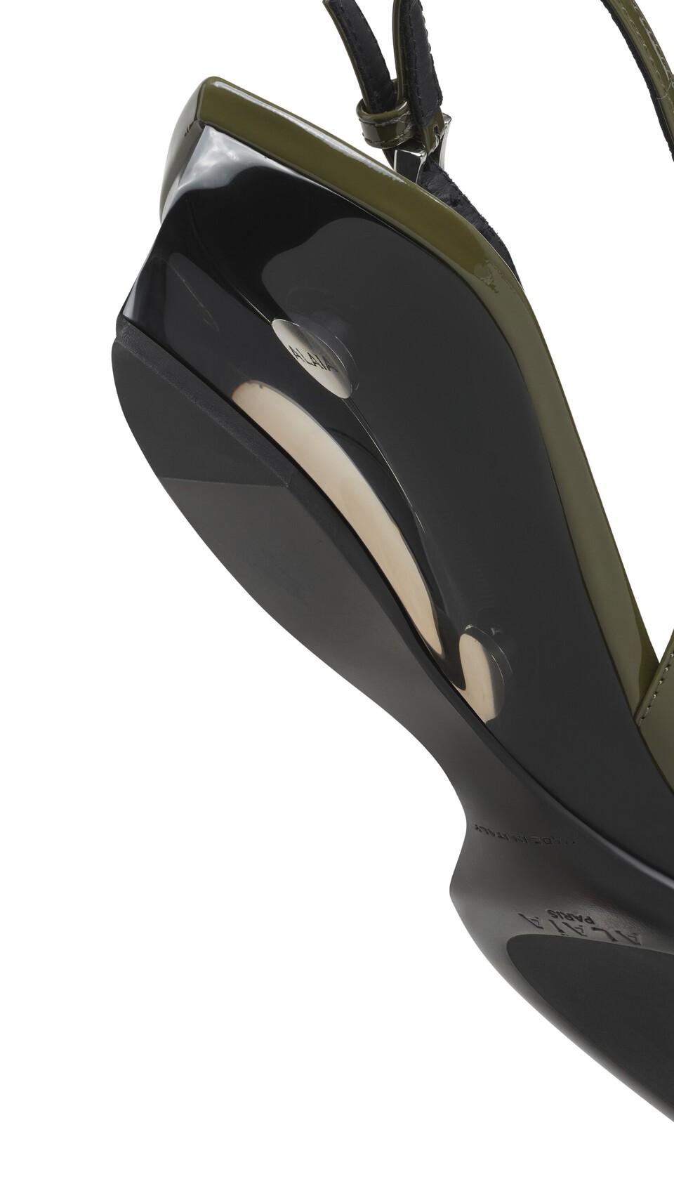 ALA&Iuml;A INVISIBLE WEDGE SLINGBACKS IN PATENT CALFSKIN KAKI - View 4