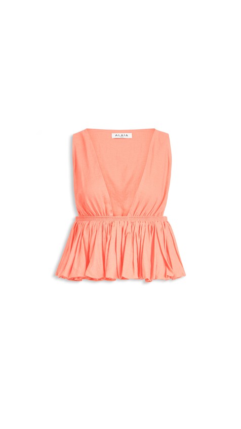 ALA&Iuml;A COTTON LINEN BLEND PEPLUM TOP CORAL