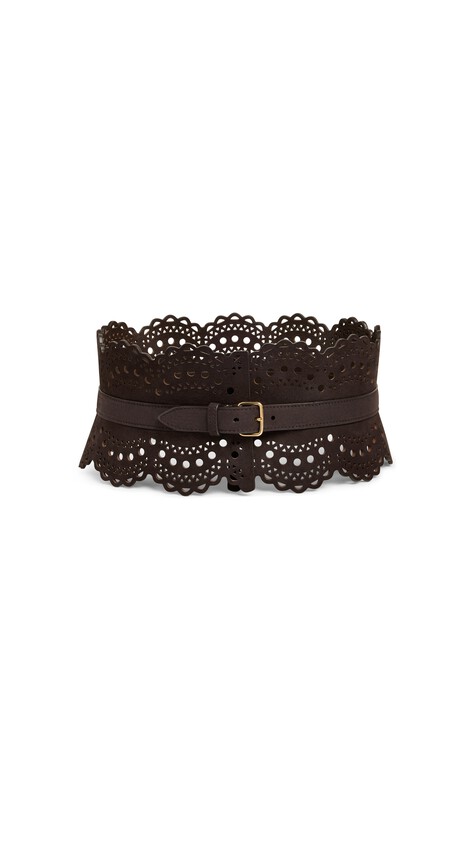 ALA&Iuml;A BUSTIER BELT IN VIENNE WAVE NUBUCK DARK BROWN