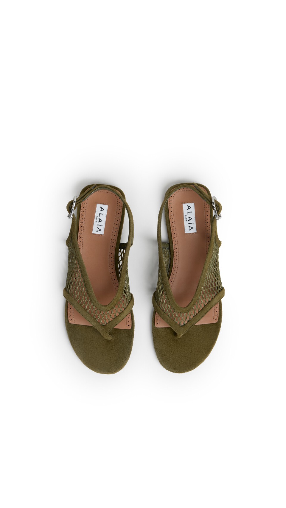 ALA&Iuml;A FISHNET THONG SANDALS IN SUEDE KAKI - View 4