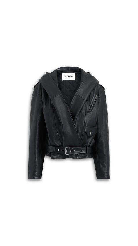 ALA&Iuml;A LEATHER HOODED BIKER JACKET BLACK