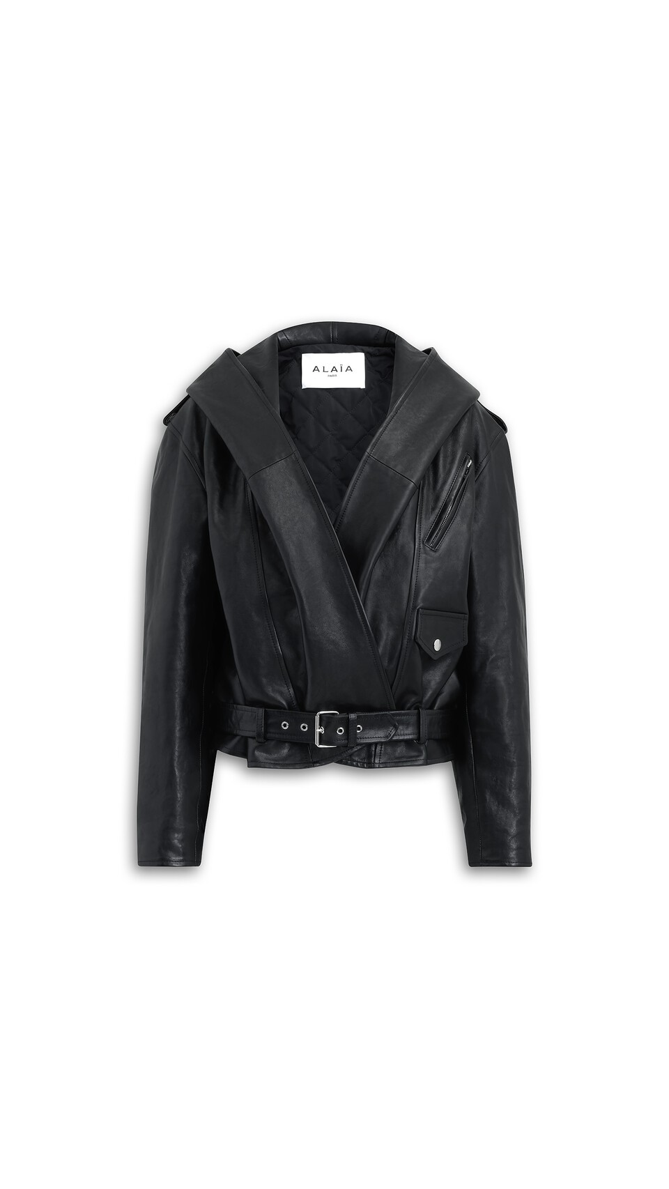 ALA&Iuml;A LEATHER HOODED BIKER JACKET BLACK