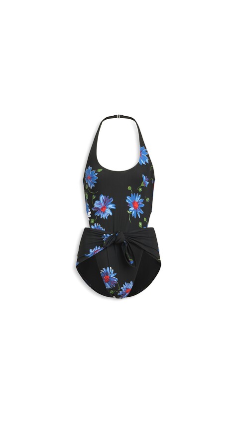 ALA&Iuml;A FLOWER PRINT KNOT SWIMWUIT BLACK/BLUE