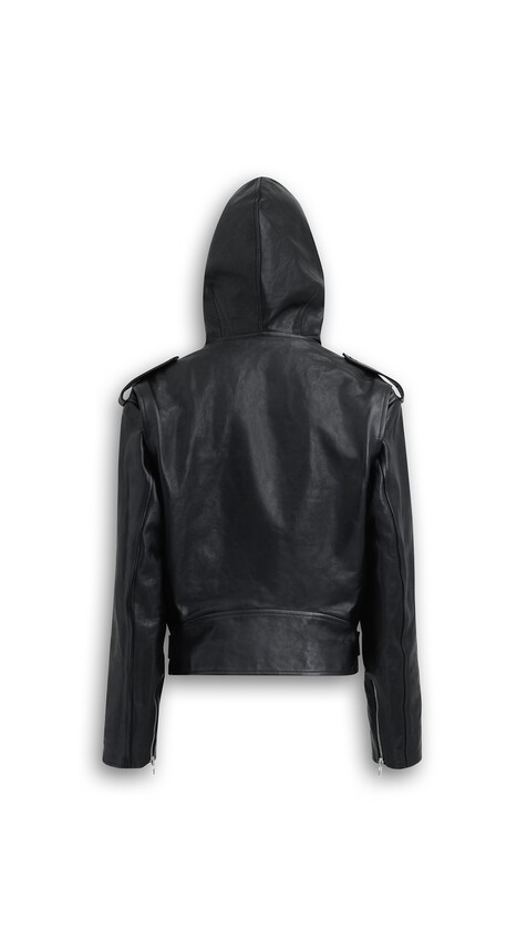 LEATHER HOODED BIKER JACKET