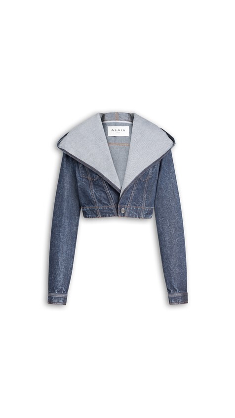 ALA&Iuml;A CROPPED HOODED DENIM JACKET DOCK BLUE