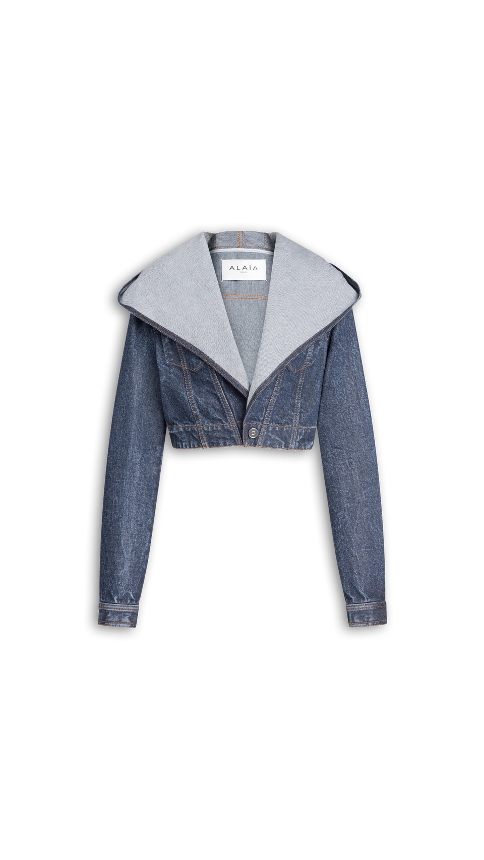 ALA&Iuml;A CROPPED HOODED DENIM JACKET DOCK BLUE