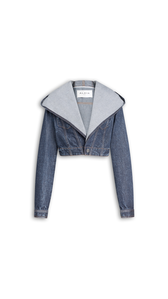 DOCK BLUE - ALA&Iuml;A CROPPED HOODED DENIM JACKET